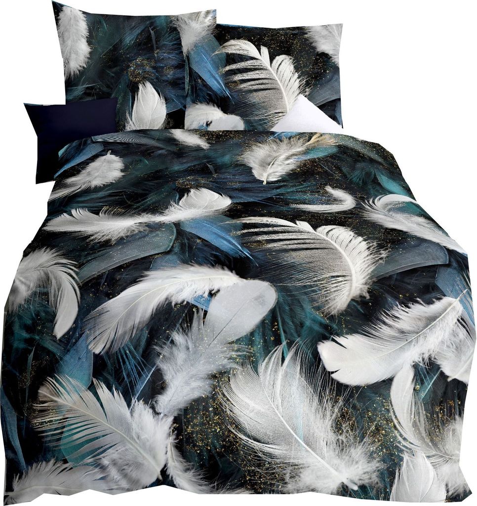 JACK by Kaeppel Mako Satin Digitaldruck Bettwäsche 2 tlg. Federn Feathers Anthrazit Weiß Petrol Gold, Größe:155x220cm Bettwäsche