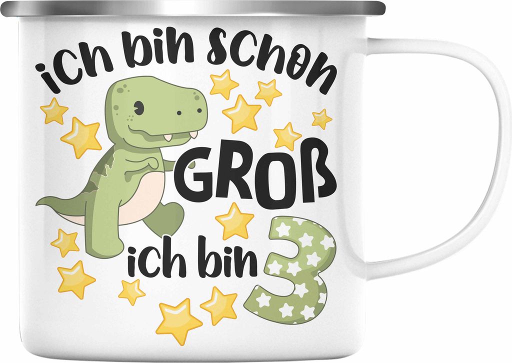 Trendation - 3. Geburtstag Emaille Tasse Jungs Jungen Geschenk 3 Jahre Alt 3 Dino für Jungs Dinosaurier Sohn (Silber)