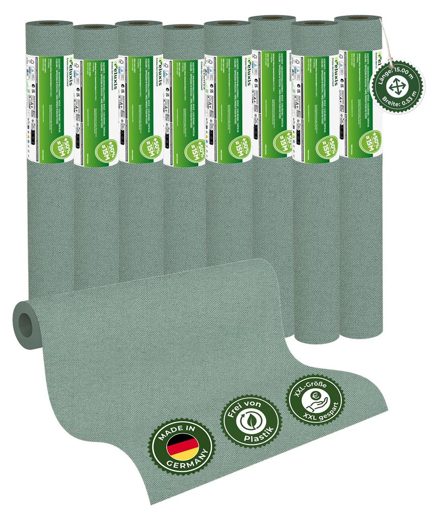 Vliestapete Vliestapete farbig – UNI Tapete einfarbig Eukalyptusgrün 8er Set, 8 x 15,00 m x 0,53 m, matt, waschbeständig, stoßfest, Germany ...
