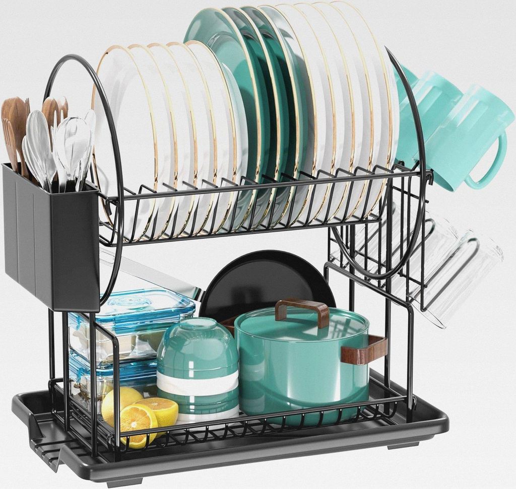 Abtropfgestell Geschirr Schwarz, 2-stufiges Geschirrabtropfgestell Edelstahl, Geschirr Abtropfständer Abtropfgitter, Geschirrtrockner mit Utensili...