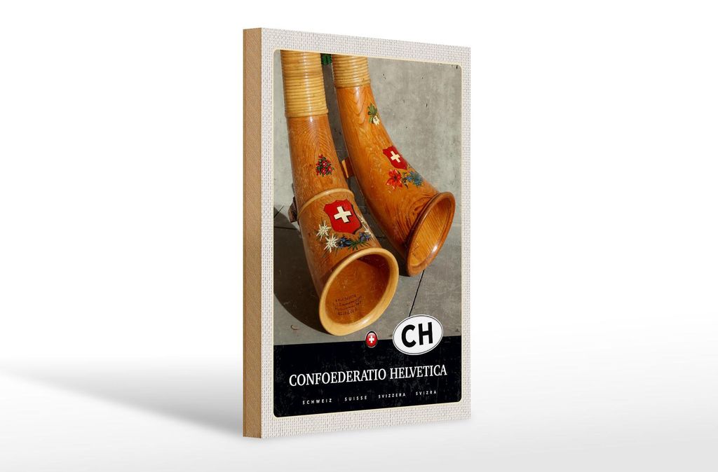 Holzschild Reise 20x30cm Confoederatio Helvetica Alphorn