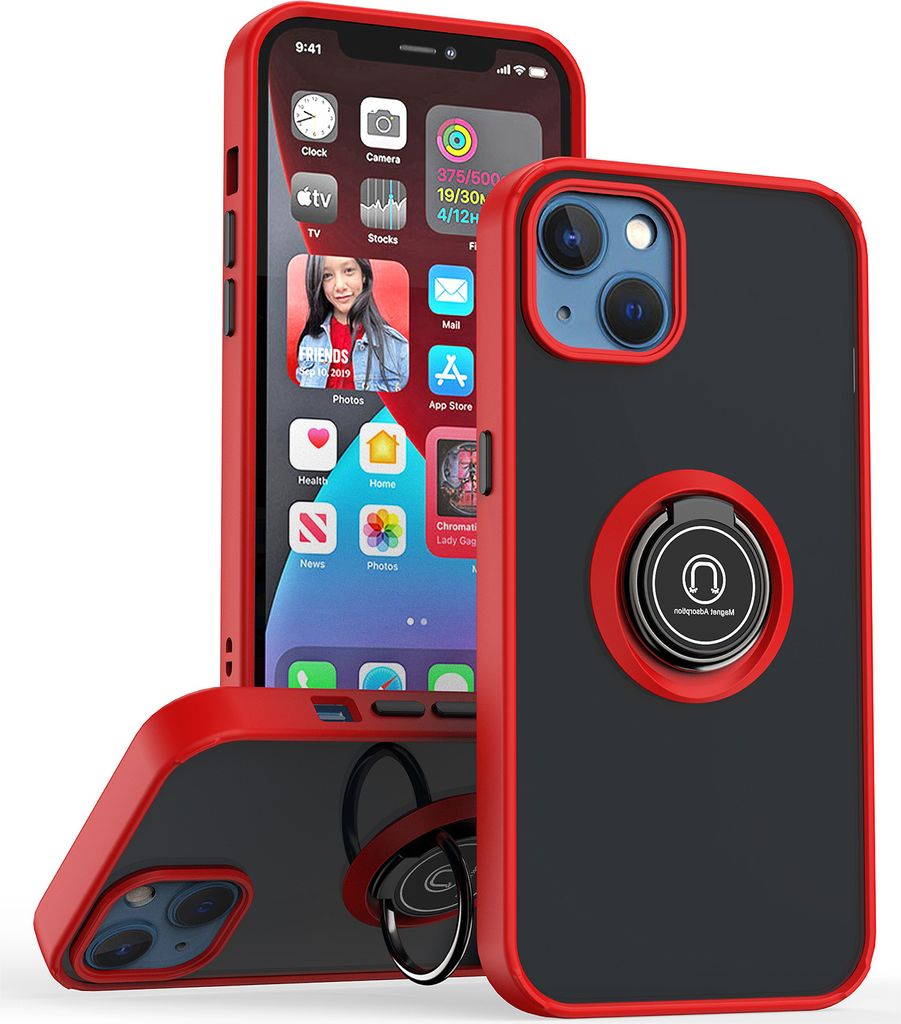 iPhone 14 Plus Hülle, Ring Halter Ständer Matte Transluzent TPU Rahmen Stoßfest Schutzhülle für iPhone 14 Plus Rot