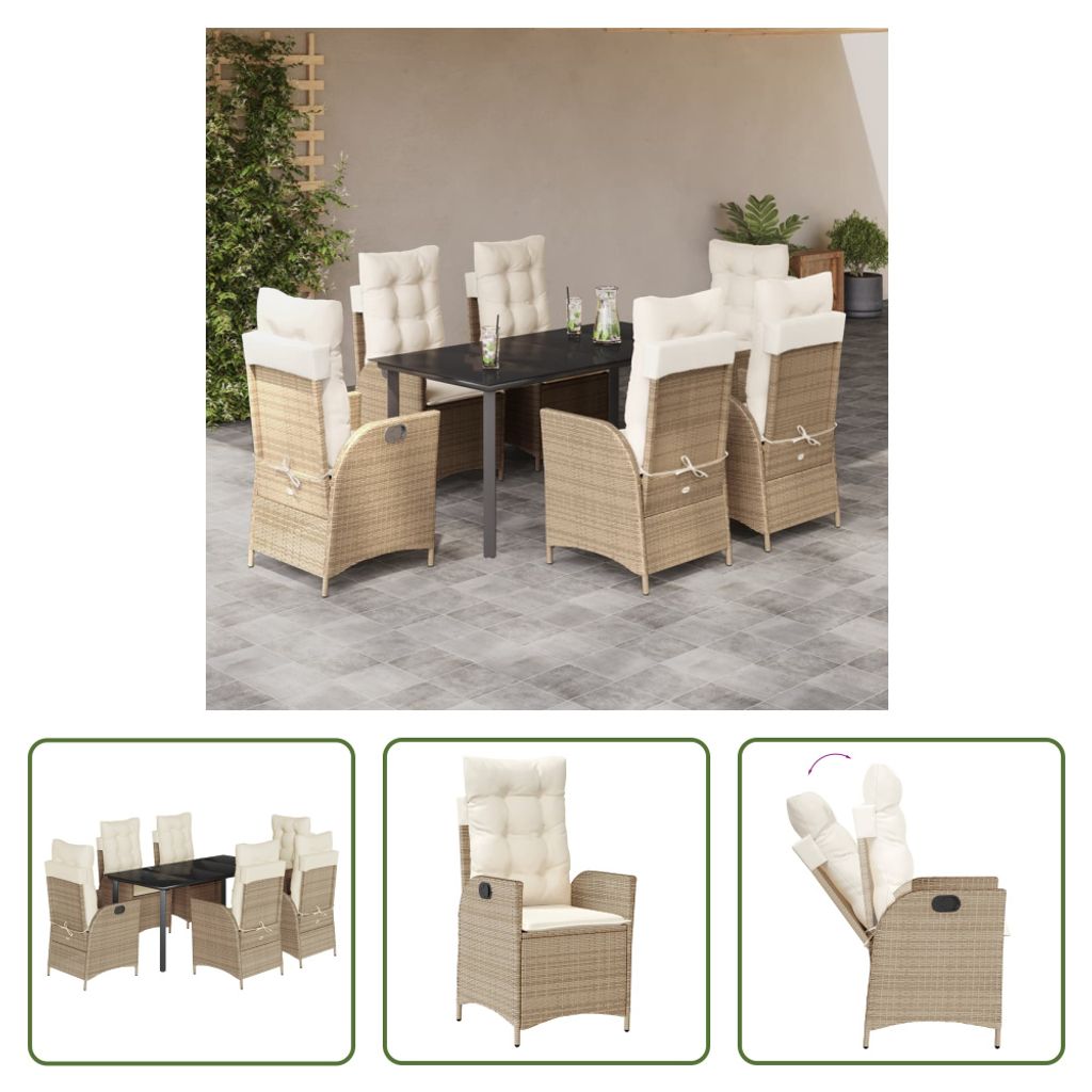 The Living Store 7-tlg. Garten-Essgruppe mit Kissen Beige Poly Rattan