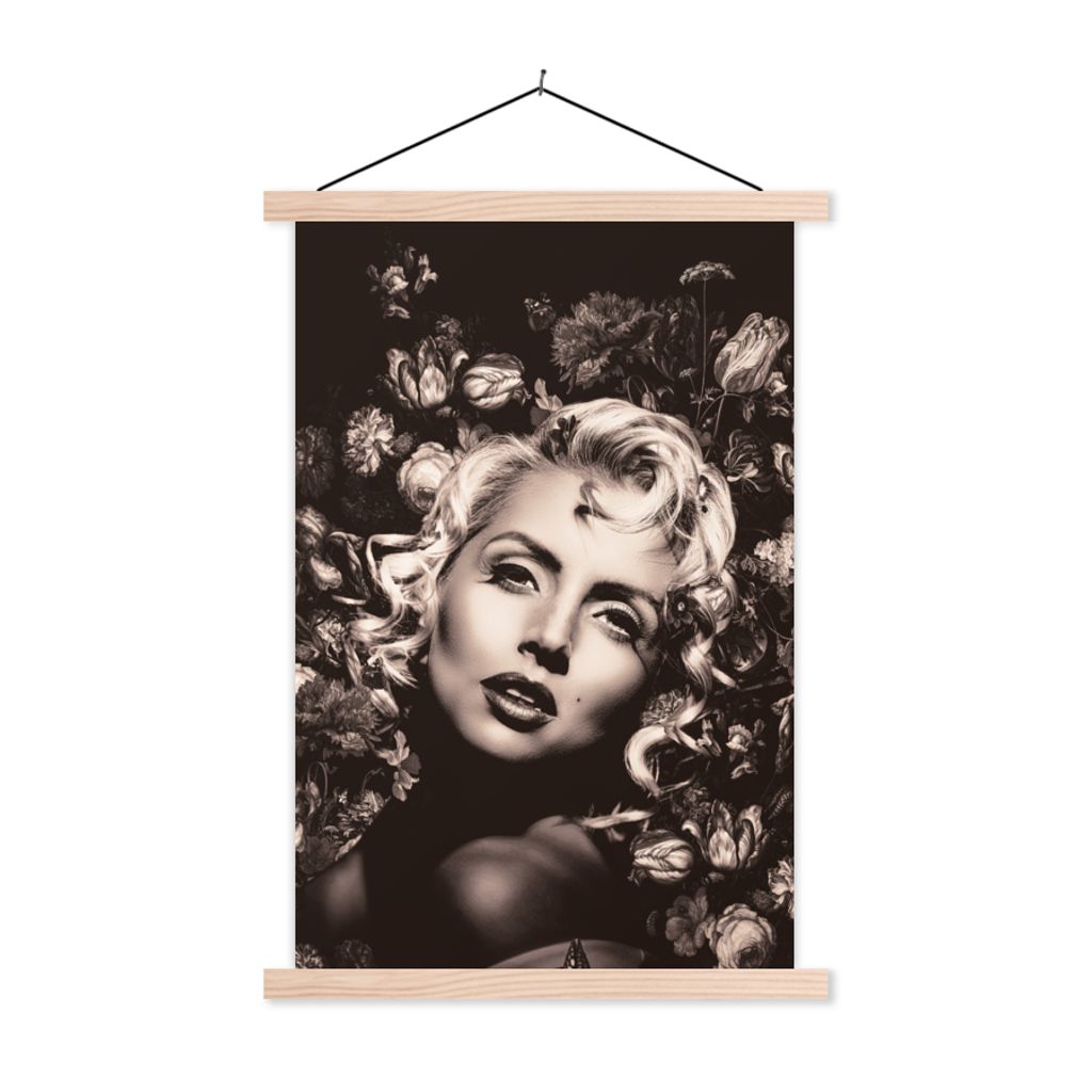 MuchoWow Textilposter Frau - Blumen - Schwarz - Weiß 120x180 cm mit holzfarbenen Rahmen - Textil-Plakat