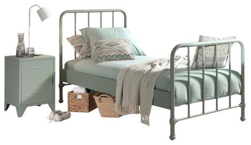 Bett Bronxx Metall 90x200 (inkl. Lattenrost) mit Nachttisch - matt olivgrün