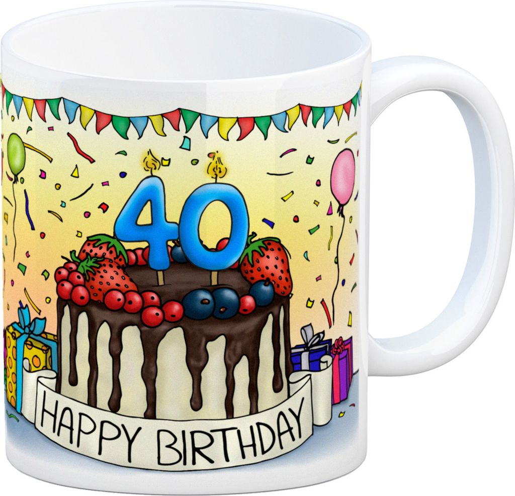 40. Geburtstag Tasse mit Kuchen und Geschenk und Anhänger: zum 14610. Tag