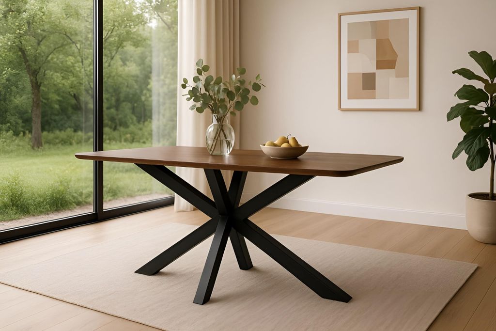 Esstisch Roberto | 160 x 85 cm | Akazienholz massiv & kastanienfarbig | Schweizer Kante & abgerundete Ecken | Spider-Gestell Metall Schwarz