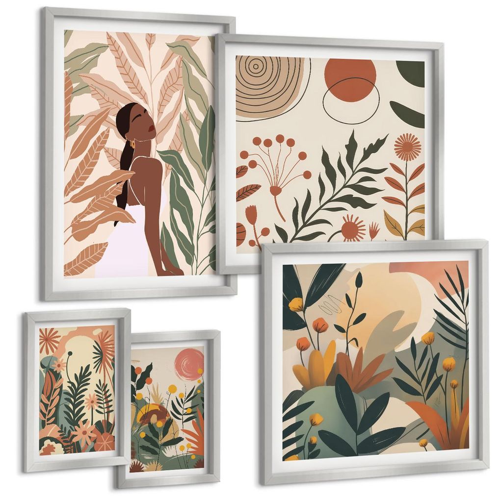 Bilder Set 5-teilig im silbergerahmten Rahmen – Wandbilder 5 Stück – gerahmte Poster für Wohnzimmer, Schlafzimmer und Flur – 50x50 cm - 40x...