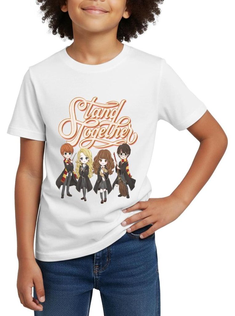 Spreadshirt Harry Potter Animierte Charaktere Stand Together Kinder T-Shirt, 98/104 (3-4 Jahre), Weiß