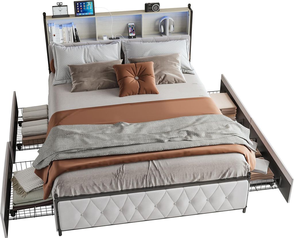 160 x 200 cm großes Bett mit LED-Beleuchtung und USB-Ladeanschluss, Doppelbett mit 4 Schubladen und großem Staufach, gepolstertes Bett, Samt, Beige