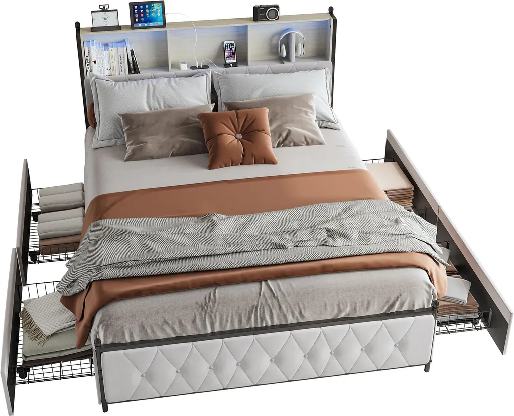 Lit Connecte 160x200 Beige : Fini le Désordre avec 4 Tiroirs et LED USB