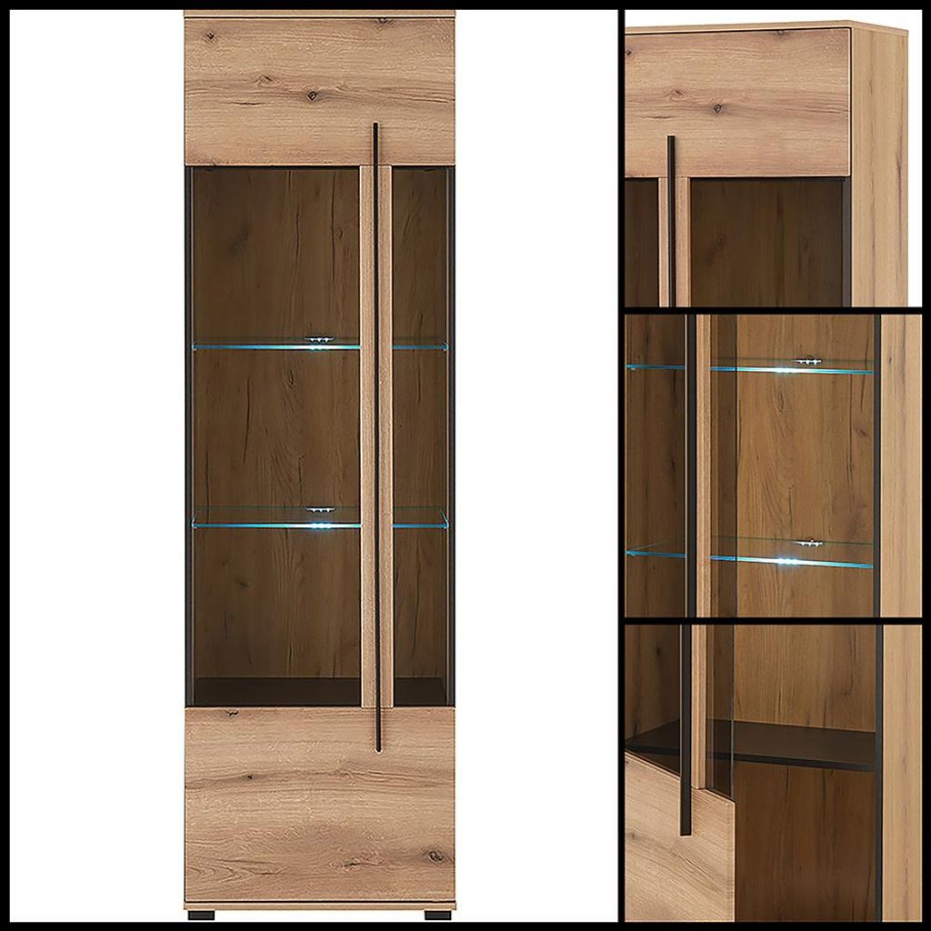 Wohnwand mit Vitrine, Lowboard & 2 Wandregalen in Eiche mit LED Beleuchtung, 4 teilig COLORADO-61