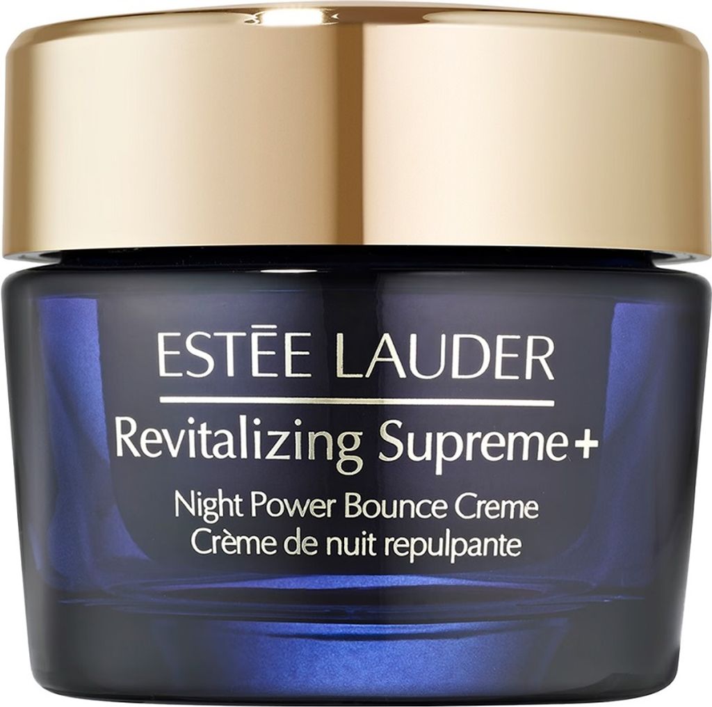 A close-up studio shot of a jar of Estée Lauder Revitalizing Supreme+ Night Power Bounce Creme.