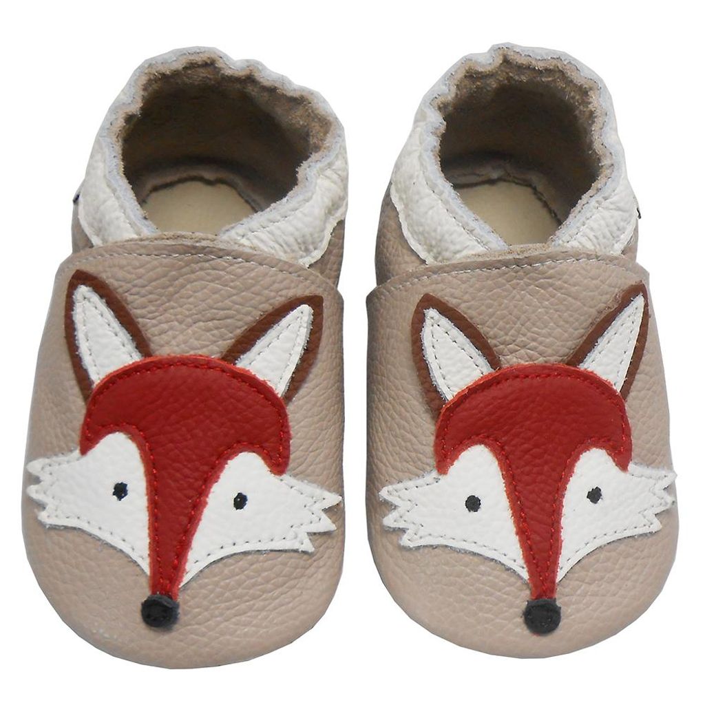 BEMUSE Baby Krabbelschuhe aus Echtleder, weiche Lauflernschuhe für Mädchen&Jungen, rutschfeste Ledersohle, Hellrosa, Fuchsmotiv, Größe S (0...