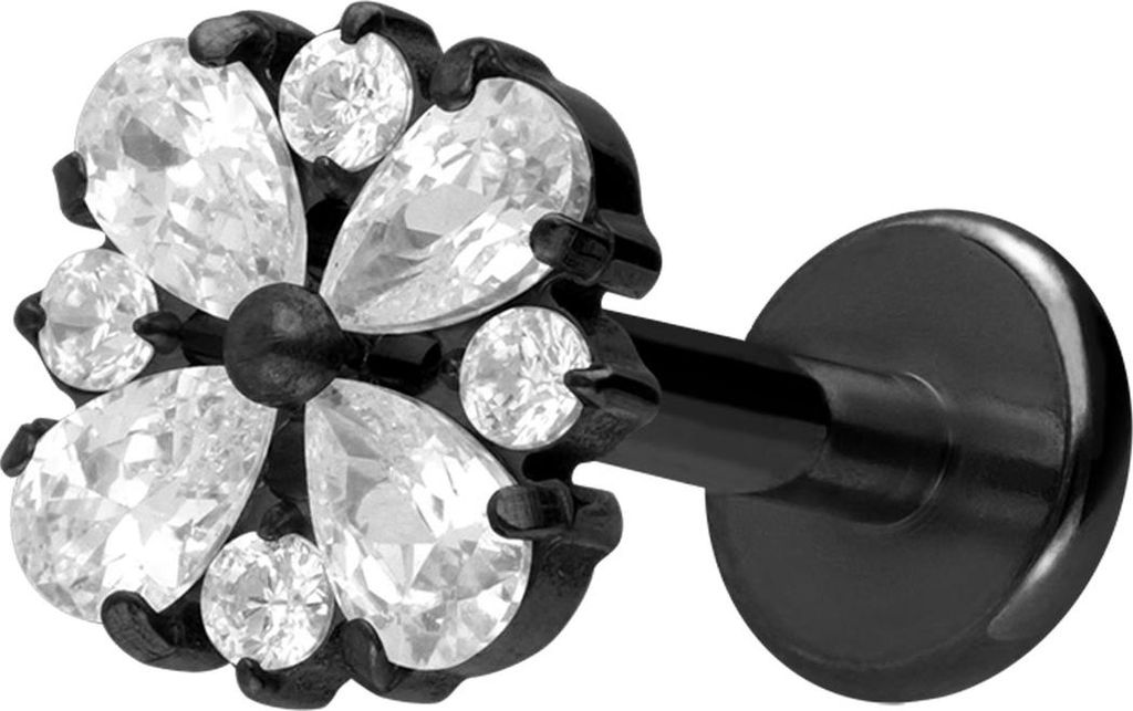 Ohrpiercing, Nasenpiercing Titan Labret mit Innengewinde KRISTALLORNAMENT Schwarz Stablänge: 10mm | Stabstärke: 1,6mm