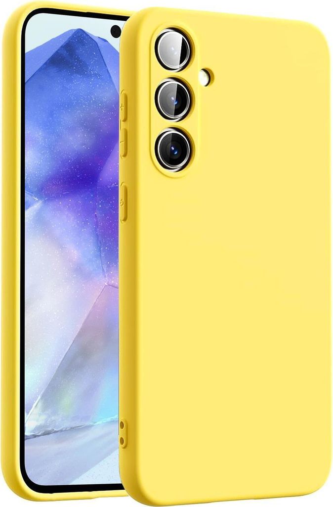 A yellow phone case is shown on a white background, with a phone partially visible behind it.