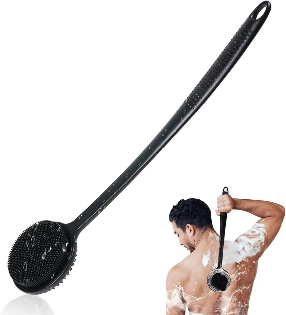 Brosse pour le dos en silicone noir avec long manche pour la douche