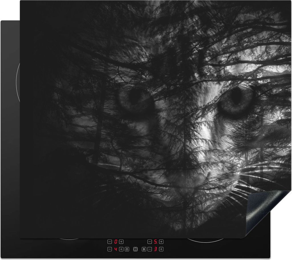 KitchenYeah Herdabdeckplatte Katze - Wald - Schwarz - Weiß , 58x51cm, Küche Deko, Glaskeramikfeld Herdabdeckung, Abdeckplatte fùr Kochfeld