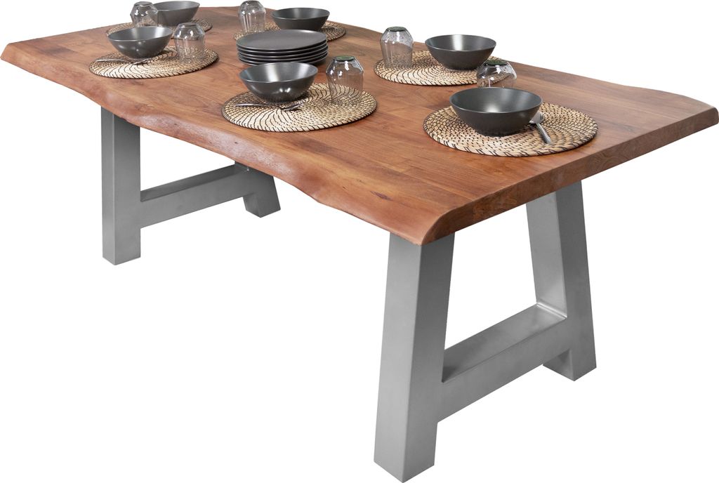 Esstisch Baumkante massiv Akazie Nussbaum 220 x 100 A-Gestell silber CALI