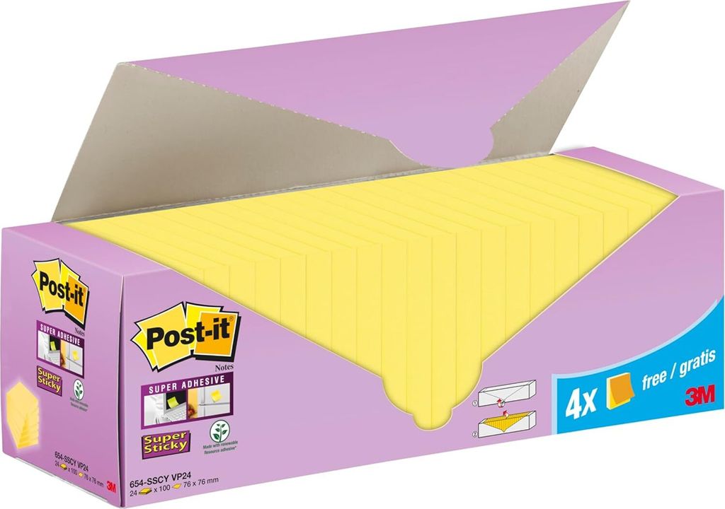 Post-it Haftnotizen Super Sticky Notes 76 x 76 mm gelb 24 Blöcke á 100 Blatt