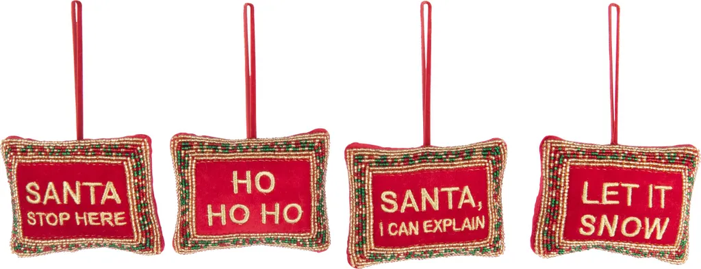 J-Line Accrocheur de Noël Citations Perles et Velours Rouge Doré 4pcs