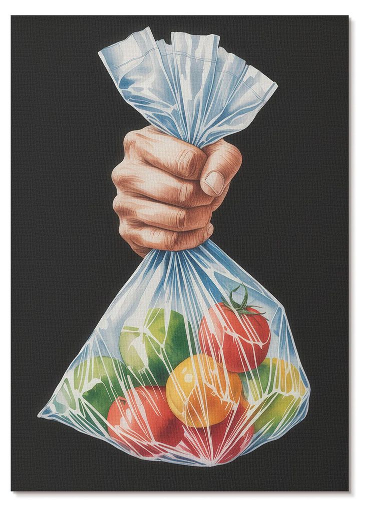 POSTER - 59x84 cm (A1) - CMYK Group - Eine Hand mit einer Plastiktüte voller bunter Früchte - Wandbild für Wohnzimmer Schlafzimmer & Flur, Moder...