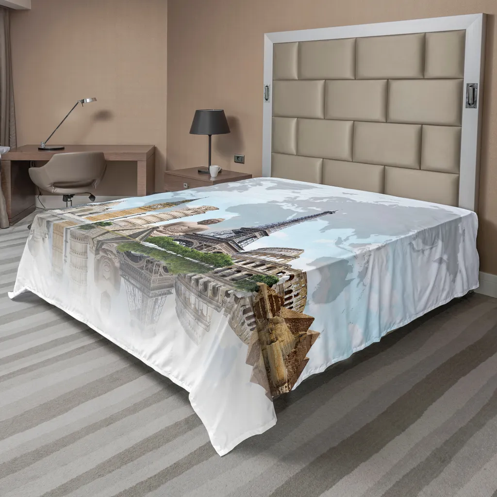 Drap de lit carte du monde monuments célèbres globe multicolore 275x260 cm