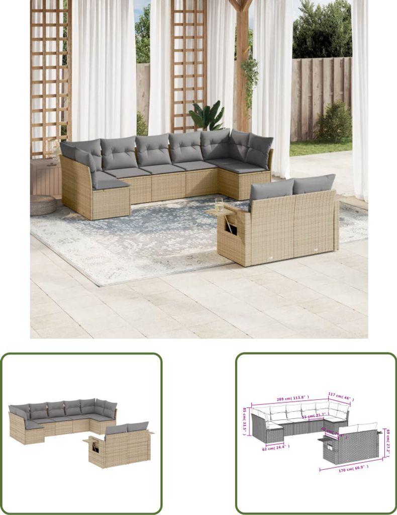 The Living Store 9-tlg. Garten-Sofagarnitur mit Kissen Beige Poly Rattan