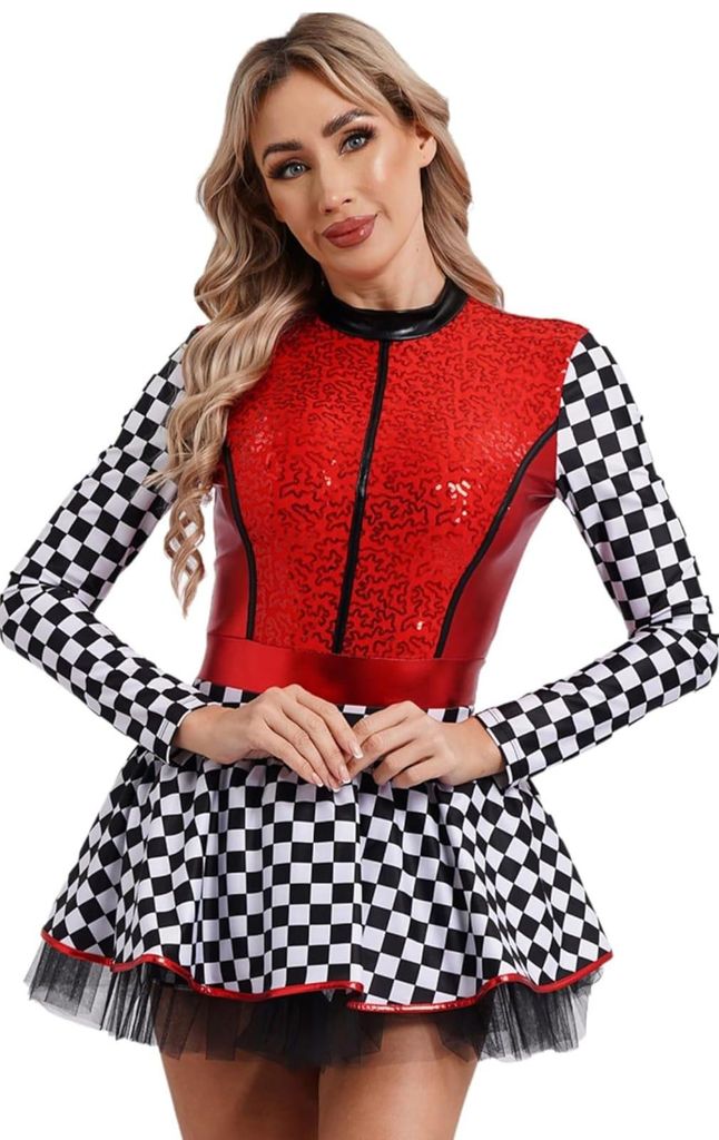 Damen Rennfahrerin Kostüm XXL – Glitzernder Langarm Jumpsuit mit Rock | Pailletten Racer Overall für Karneval, Party, Fasching & Halloween