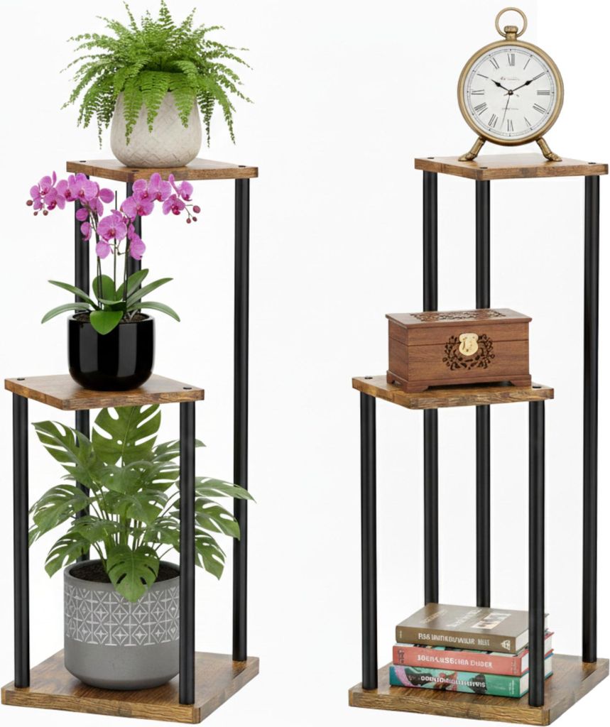 BOTLE Blumenständer aus Metall & Holz, 3 Ebenen Pflanzenregal Höhe 70 cm Schwarz und Braun Farbe, Pflanzenständer, Blumentreppe, Blumenbeet, Dek...