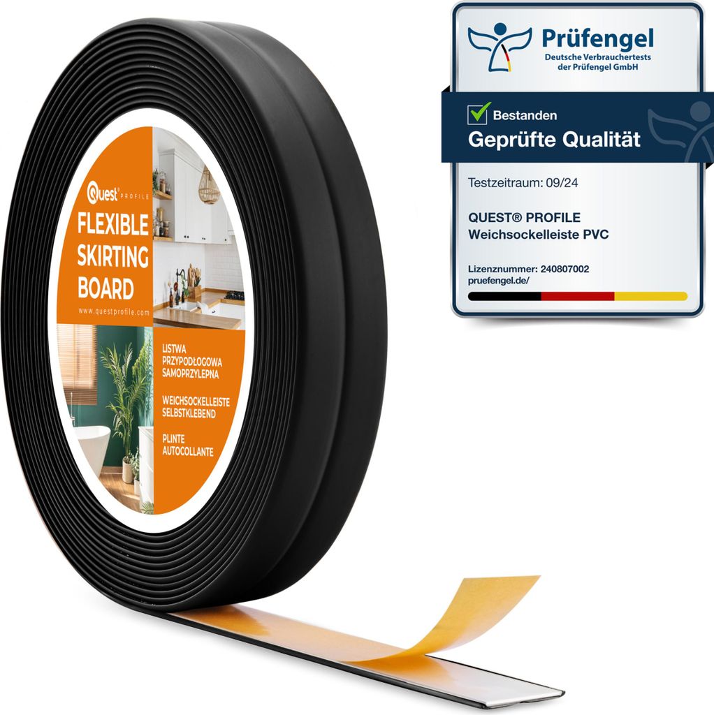A roll of black flexible skirting board with adhesive backing is shown, along with a certification badge.