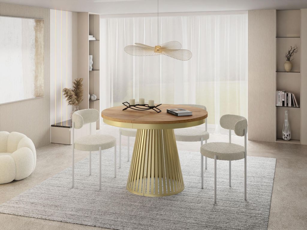 Esstisch Rund Ausziehbar mit Lamellen im Loft-Stil – 100 bis 180 cm – Industrieller Tisch mit Metallbeinen in Gold, Platzsparend für Wohnzimme...