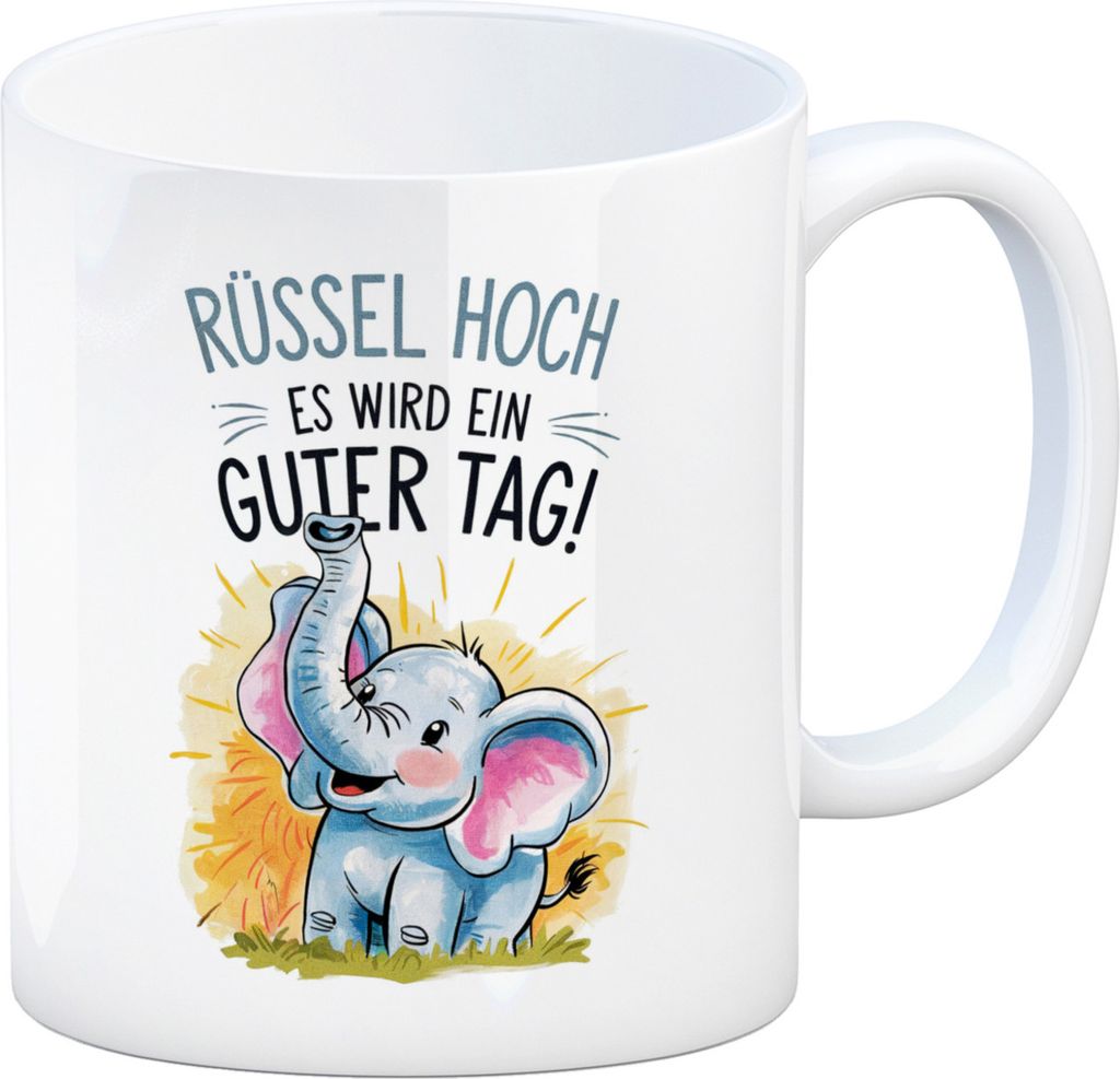Fröhlicher Cartoon Elefant Rüssel hoch Kaffeebecher