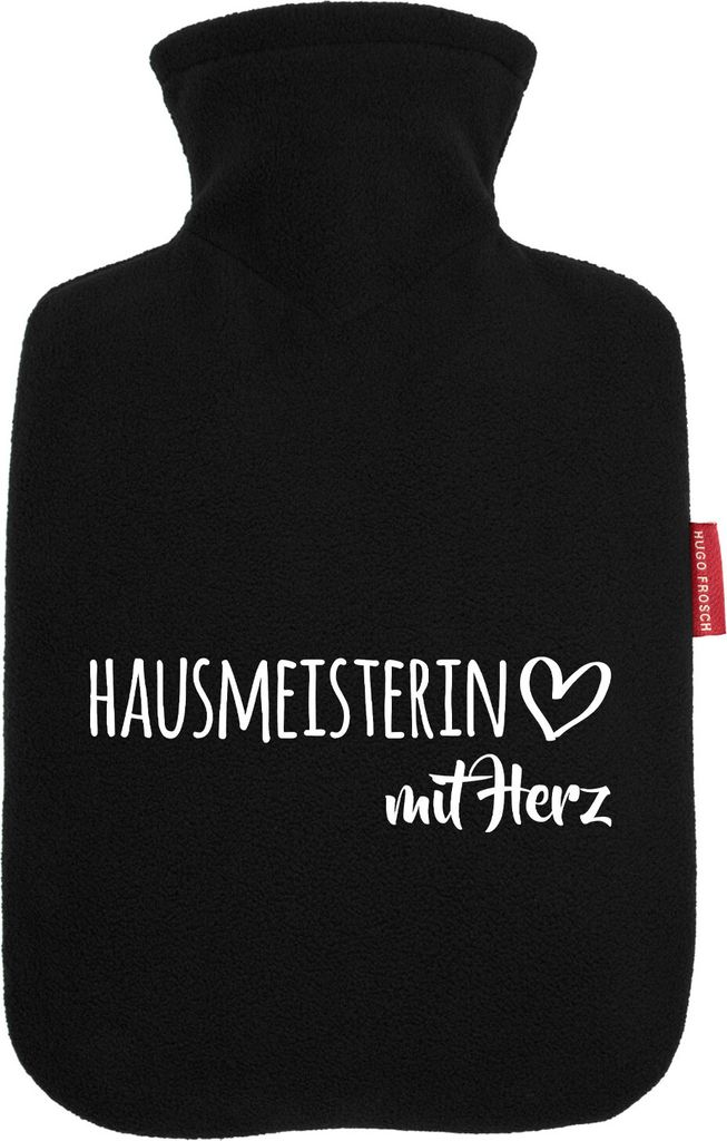 Huuraa Wärmflasche Hausmeisterin mit Herz 1,8 Liter Black Classic Veloursbezug Bettflasche Geschenkidee