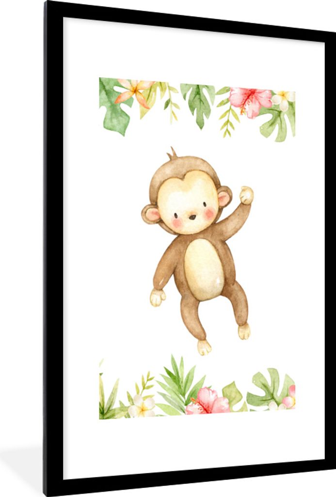 MuchoWow MuchoWow Gerahmtes Poster Affe - Blumen - Dschungel 60x90 cm - Poster mit zchwarzem Bilderrahmen - Dekoration - Wandposter Wohnzimmer ...