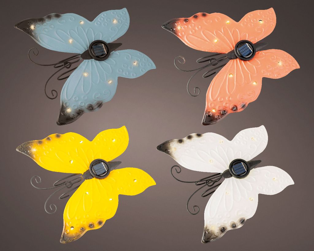 Four solar-powered butterfly lights in different colors.