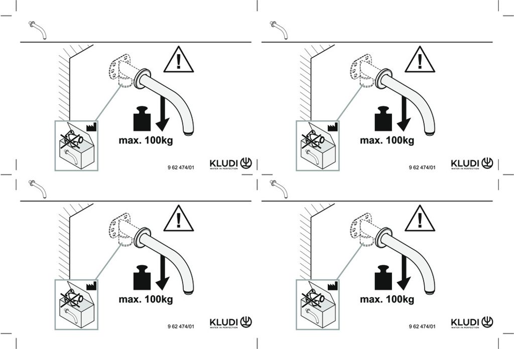 Diagrams showing how to install a faucet with a weight limit warning.