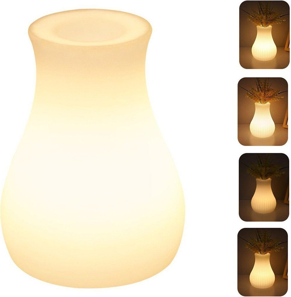 A large, illuminated vase-shaped lamp is shown against a white background. To the right, four smaller images show the same lamp with varying levels of brightness and with dried plants inside.