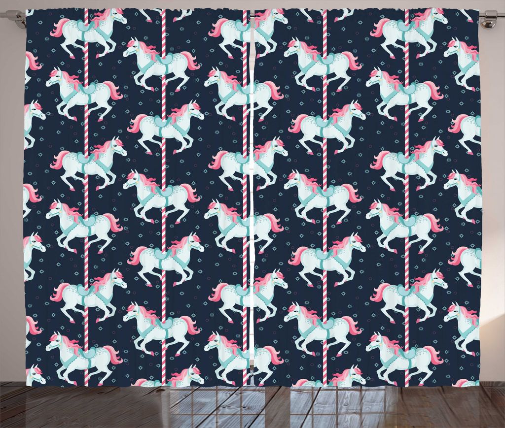 ABAKUHAUS Baby Rustikaler Vorhang, Karussell-Pferde Kinder, Wohnzimmer Universalband Gardinen mit Schlaufen und Haken, 280 x 175 cm, Indigo Blassbl...