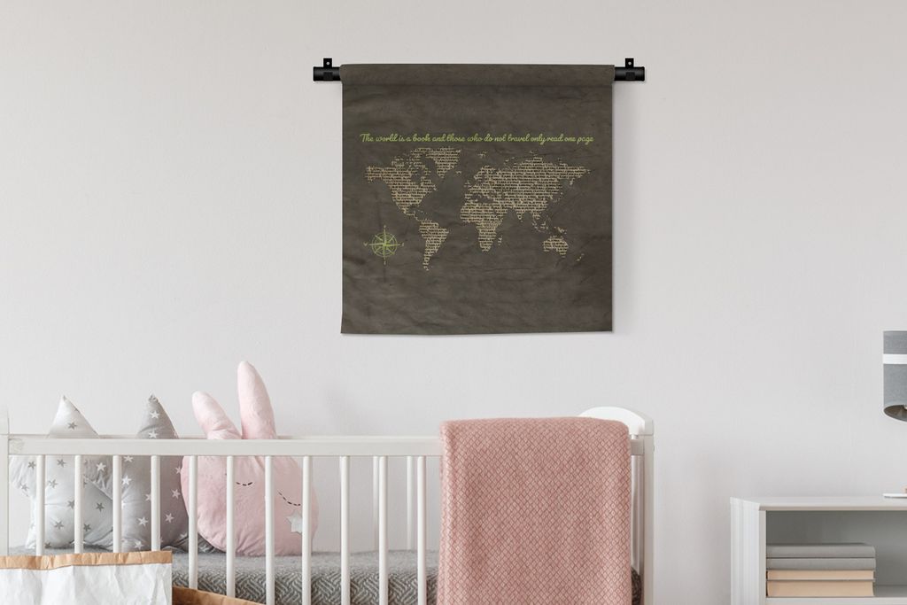 MuchoWow Wandteppich Wandbehang Weltkarte - Zeitung - Grün 60x60 cm Tapisserie Dekoration Wandtuch - Dekorationen - Wand Decke