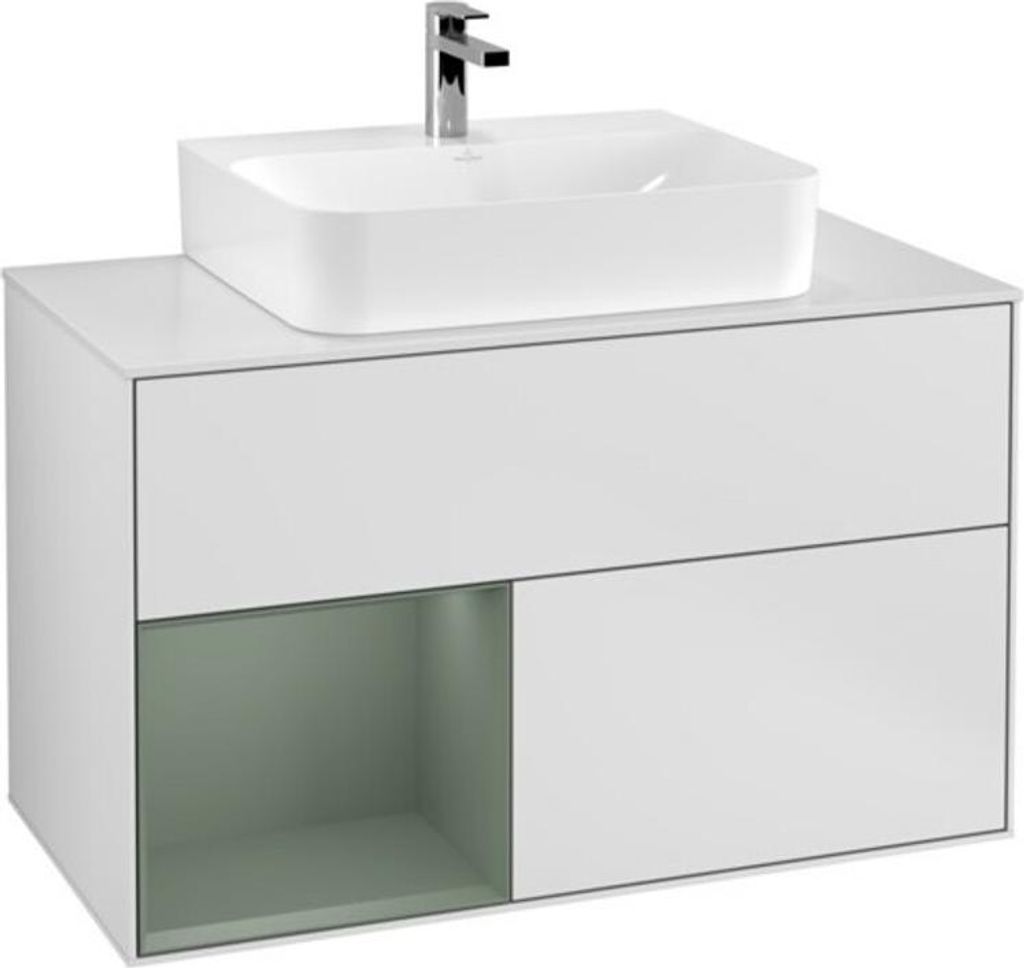 V&B Waschtischunterschrank Wandbeleuchtung Finion 100, Pl w m, Rg li Oli. m Lac, wh. m Lac