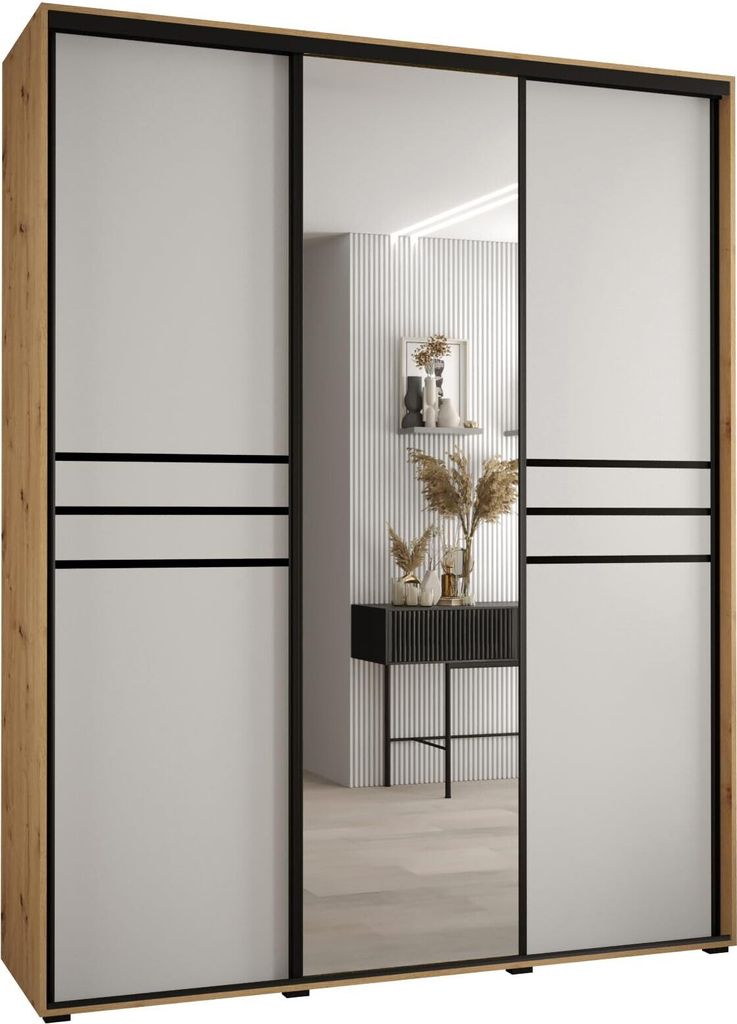 MEBLE KRYSPOL Cannes 11 Schrank mit 3 Schiebetüren - 205,2x190x60 cm - Artisan Weiß Schwarz