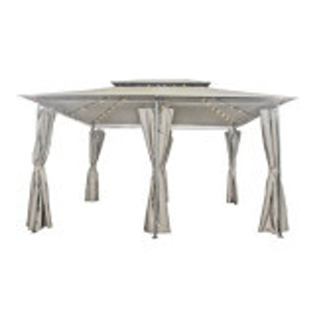 A beige and gray gazebo with curtains, shown from the front.