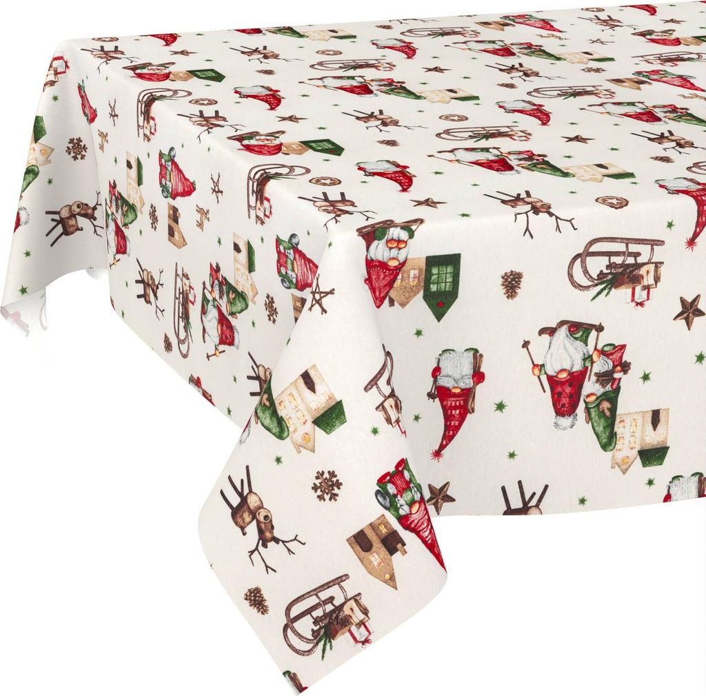 Tischdecke Weihnachten Weihnachtszwerg Rot-Grün 180x120cm Schnittkante Wasserabweisend abwaschbar