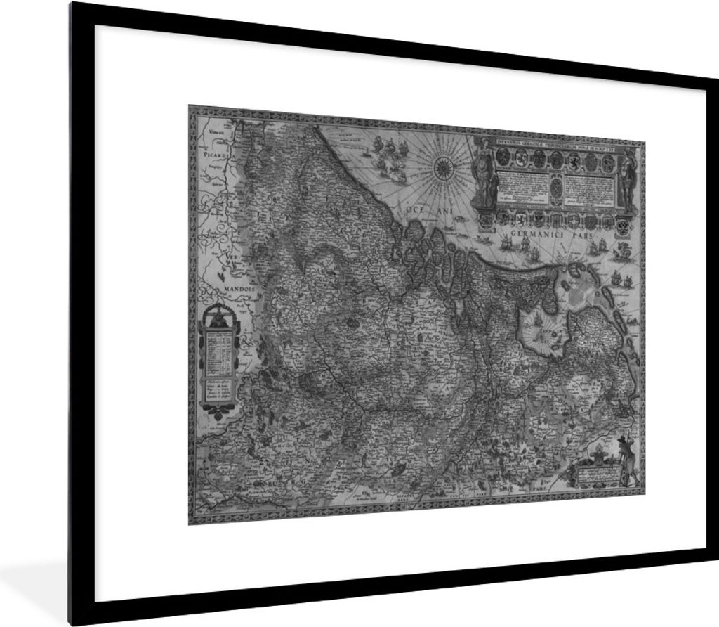 MuchoWow Gerahmtes Poster Historische schwarz-weiße Karte der Niederlande 80x60 cm - Poster mit Schwarzem Bilderrahmen Wandposter Rahmen Foto Bi...
