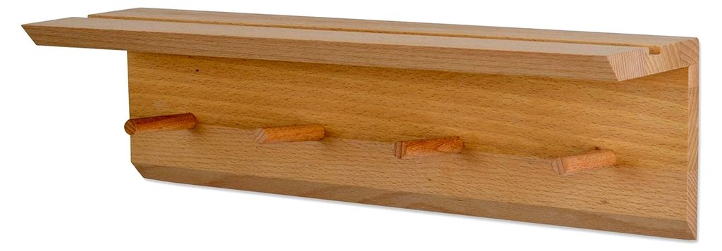 Wandgarderobe aus Holz mit 4 Haken und Ablage (geölte Buche)