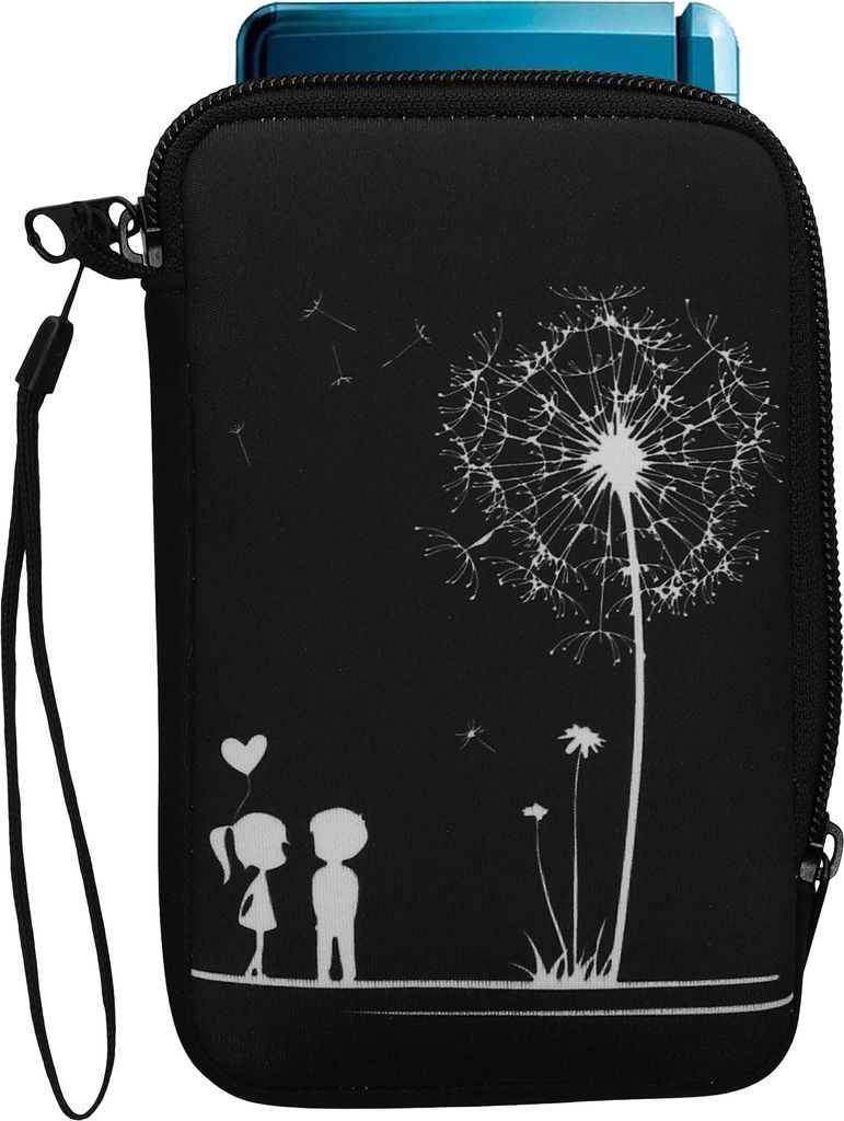 kwmobile Tasche kompatibel mit Nintendo 3DS XL - Neopren Hülle - Pusteblume Love Weiß Schwarz
