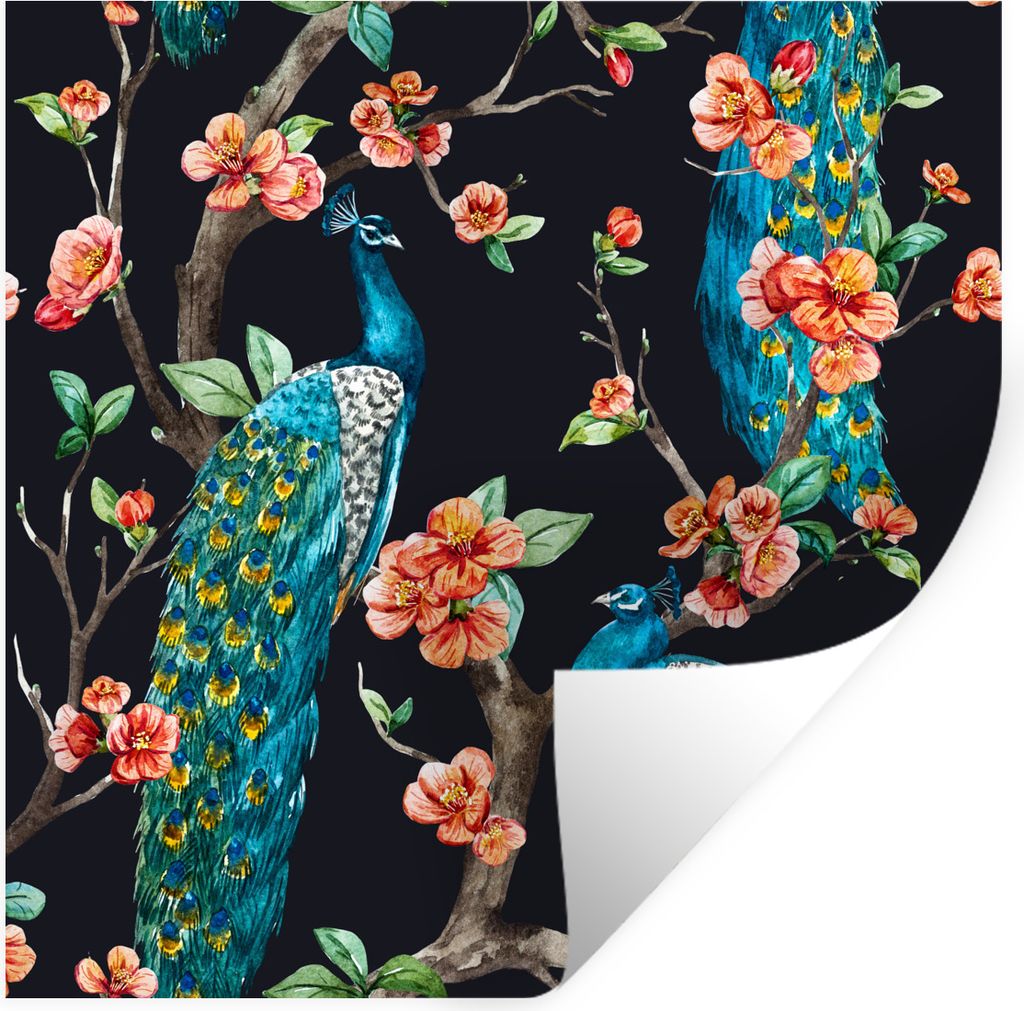 MuchoWow Wandtattoo Wandsticker Wandaufkleber Muster - Pfau - Blüte - Schwarz 80x80 cm Selbstklebend und Repositionierbar - Wierderverwendbar - ...