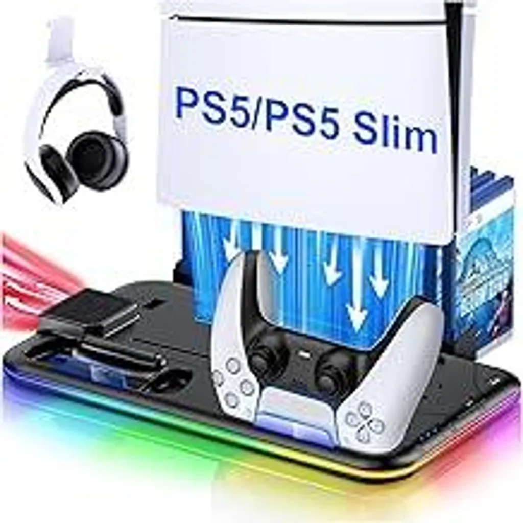 Supporto Verticale PS5 Nero con Luci RGB e Gancio Cuffie Gaming