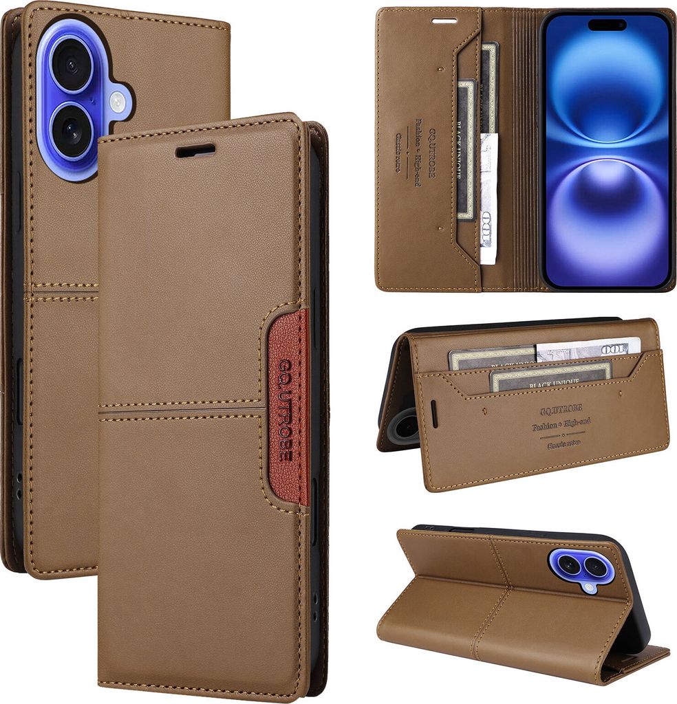 Handyhülle für iPhone 16 Plus Hülle, Leder Flip Wallet Kartenfach Stand Schutzhülle Braun